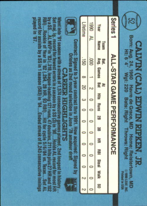 1991 Donruss #52 Cal Ripken AS back image