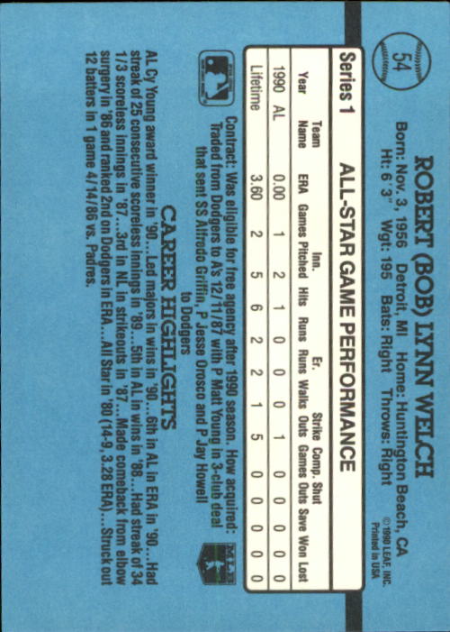 1991 Donruss #54 Bob Welch AS back image