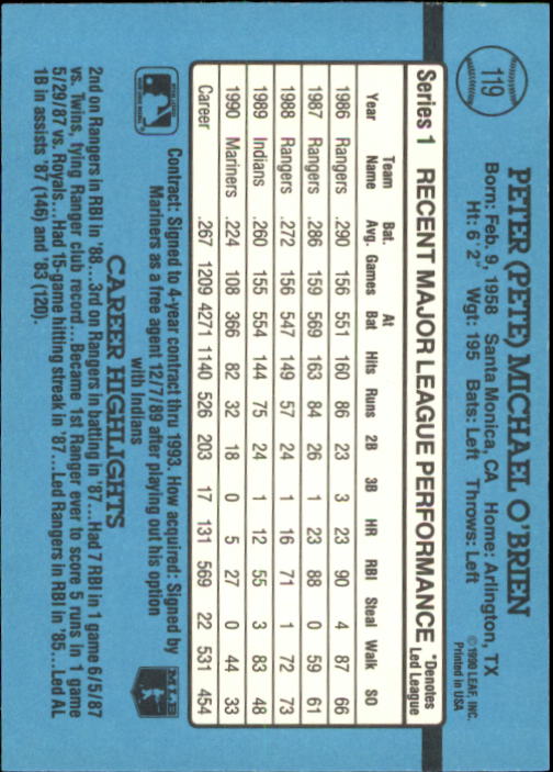 1991 Donruss #119 Pete O'Brien UER/Blue shading goes/through stats back image