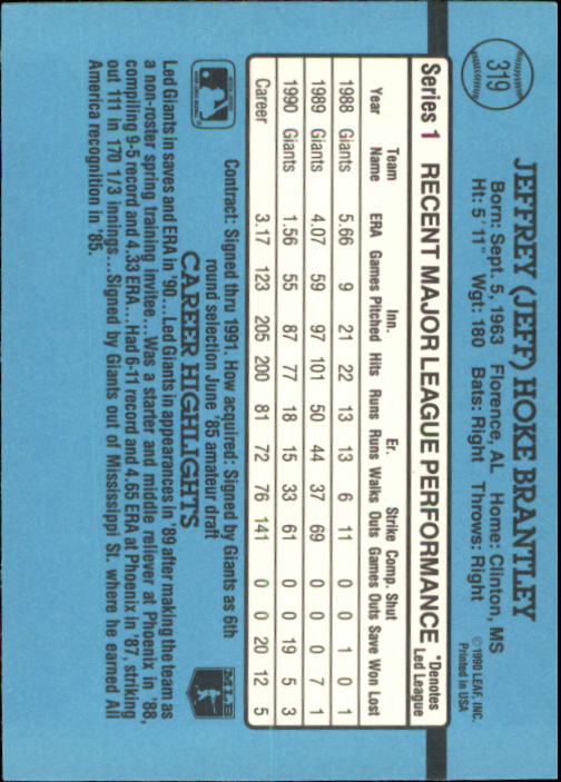 1991 Donruss #319 Jeff Brantley back image