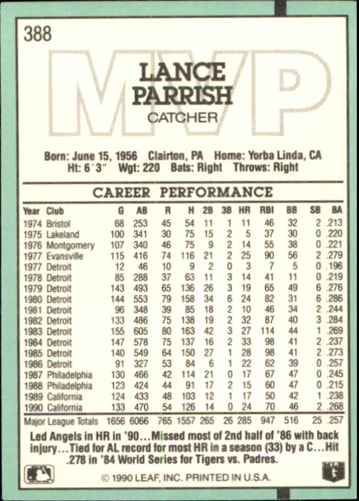 1991 Donruss #388 Lance Parrish MVP back image