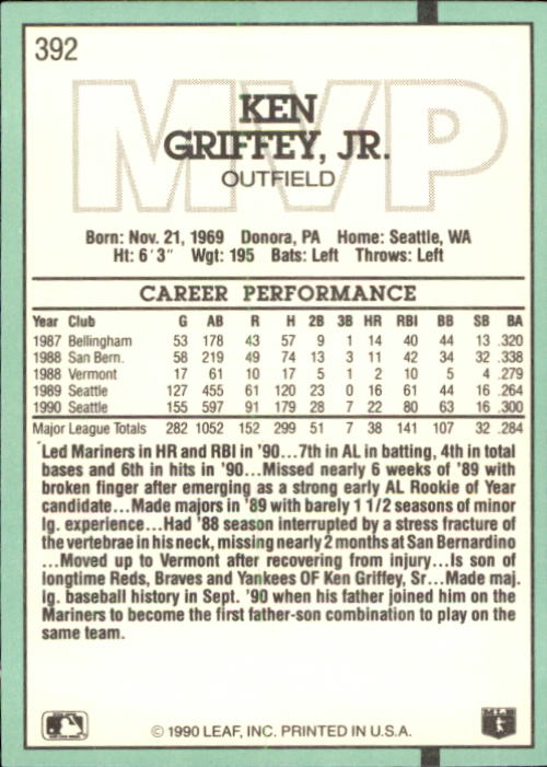 1991 Donruss #392 Ken Griffey Jr. MVP back image