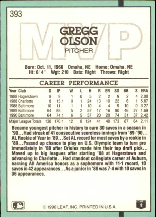 1991 Donruss #393 Gregg Olson MVP back image
