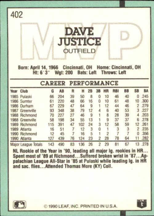 1991 Donruss #402 Dave Justice MVP - NM-MT