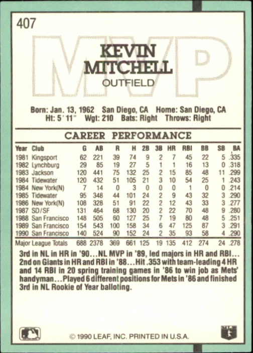 1991 Donruss #407 Kevin Mitchell MVP back image