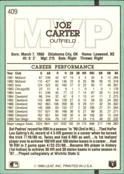 1991 Donruss #409 Joe Carter MVP back image