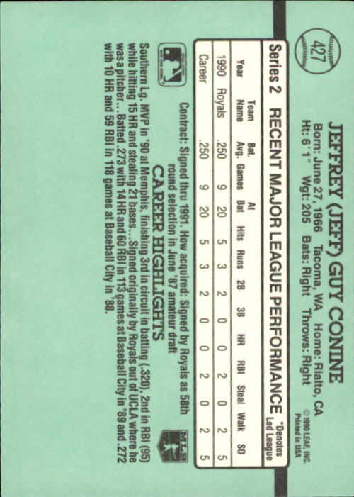 1991 Donruss #427 Jeff Conine RR RC back image