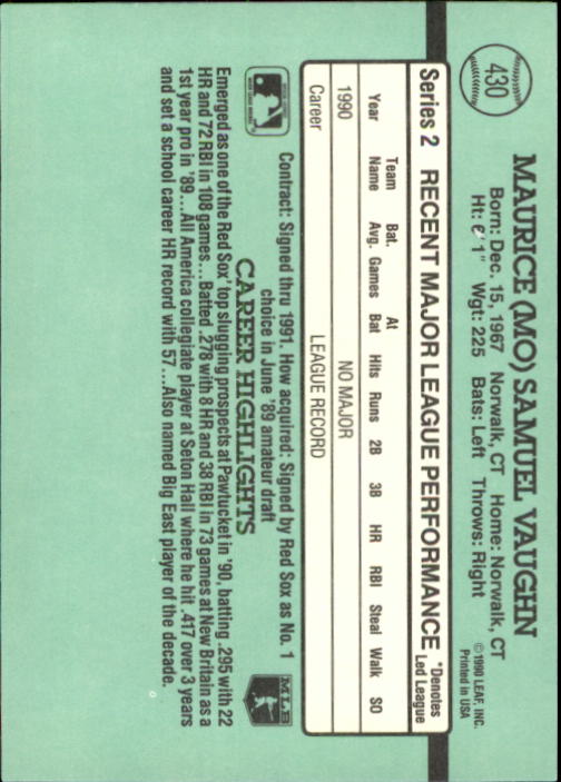 1991 Donruss Mo Vaughn Rated Rookie Boston Red Sox Baseball Card #430