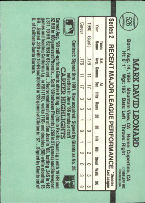 1991 Donruss #526 Mark Leonard RC back image