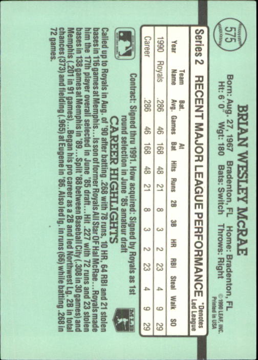 1991 Donruss #575 Brian McRae RC back image