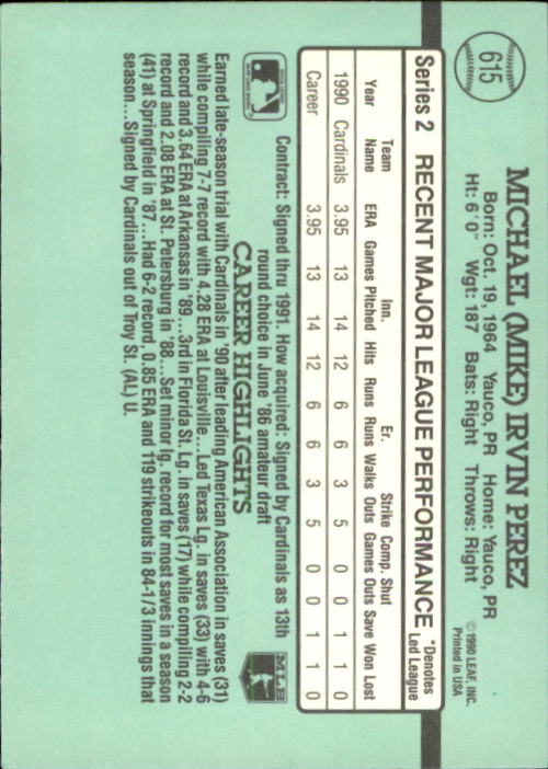 1991 Donruss #615 Mike Perez RC back image