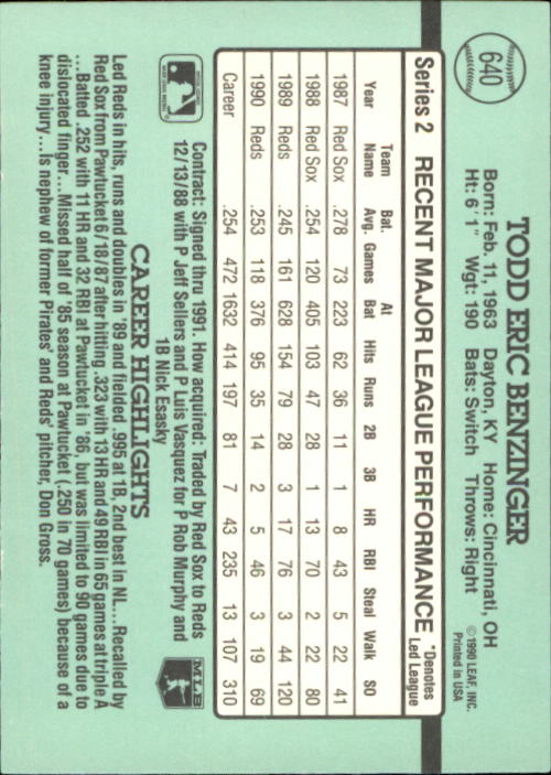 1991 Donruss #640 Todd Benzinger back image