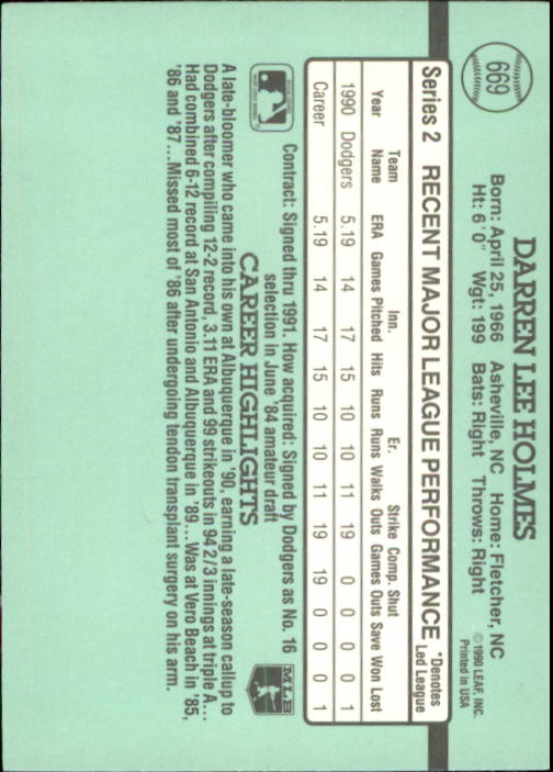 1991 Donruss #669 Darren Holmes UER RC/19 CG's, should be 0 back image