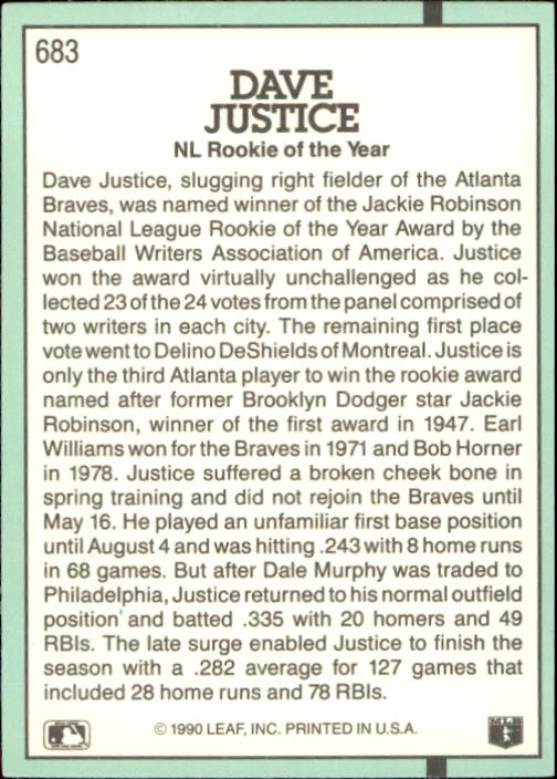 1991 Donruss #402 Dave Justice MVP - NM-MT