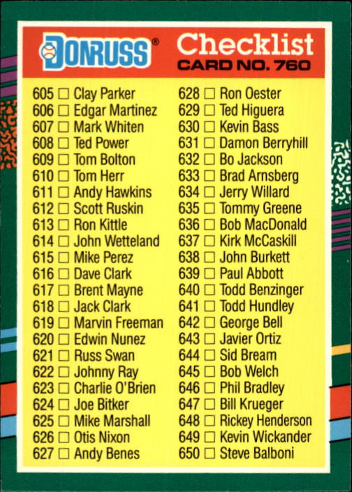 1991 Donruss 760 Checklist 605702 NMMT