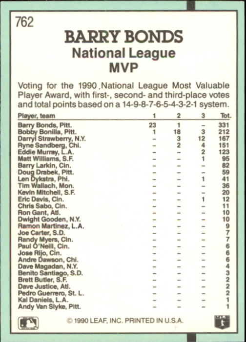 1991 Donruss #762 Barry Bonds MVP back image