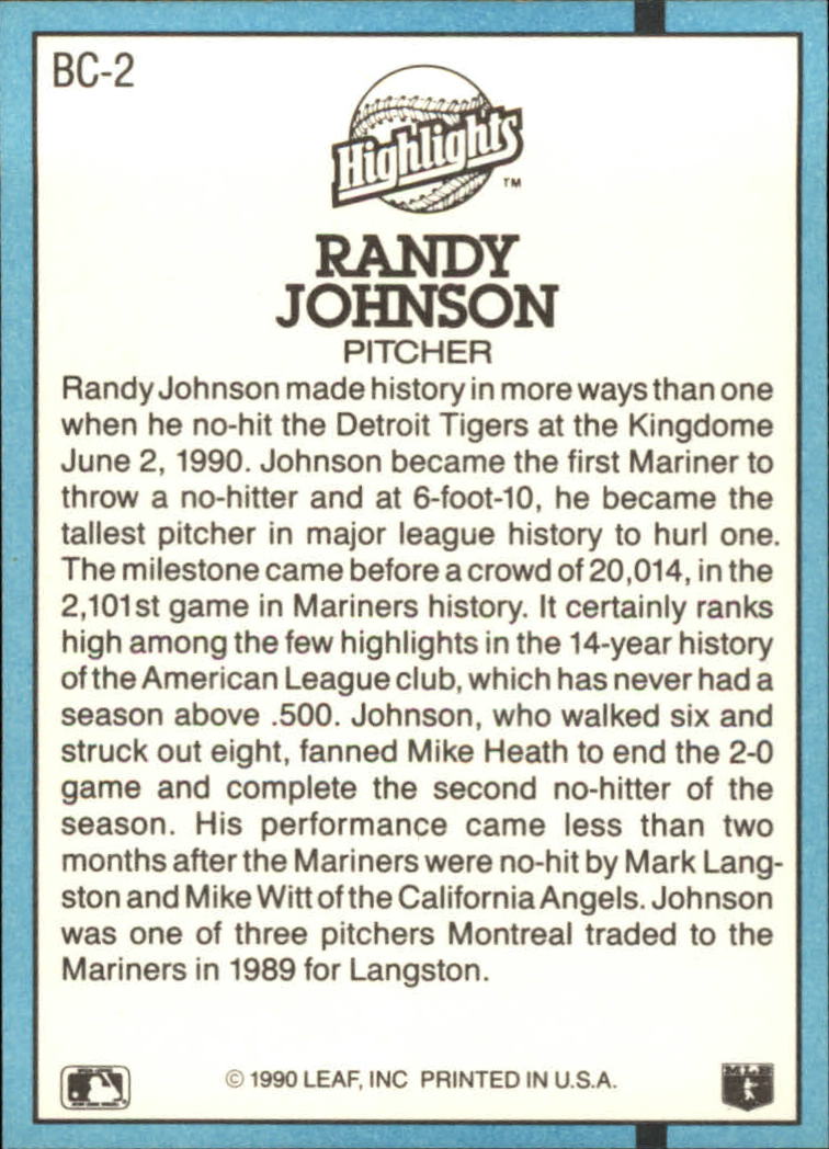 1991 Donruss Bonus Cards #BC2 Randy Johnson back image