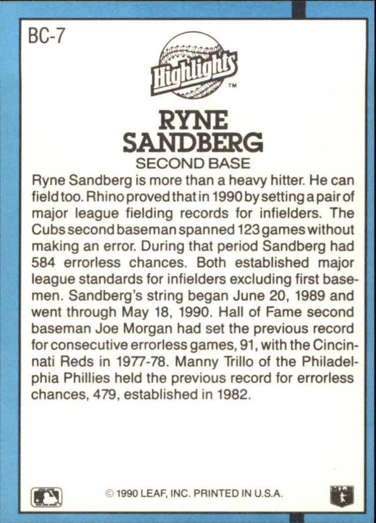 1991 Donruss Bonus Cards #BC7 Ryne Sandberg back image
