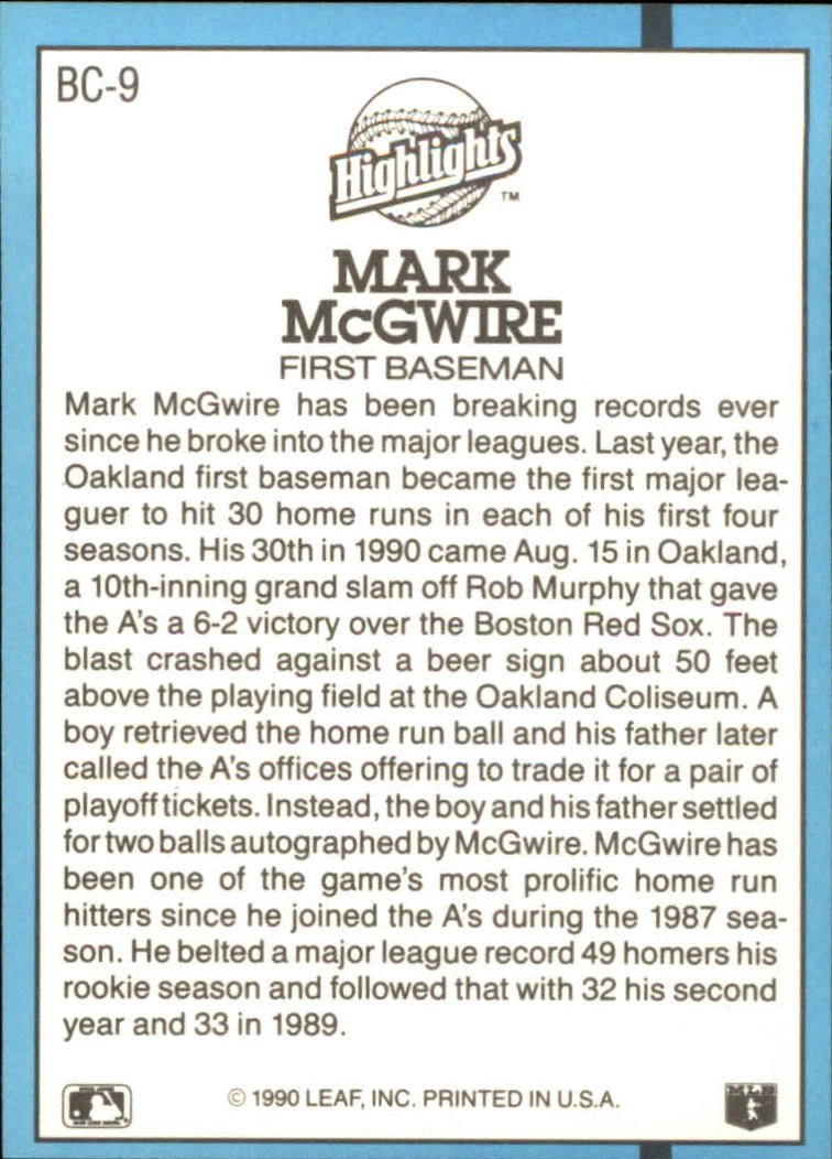 1991 Donruss Bonus Cards #BC9 Mark McGwire UER/Home Run Milestone/(Back says First back image