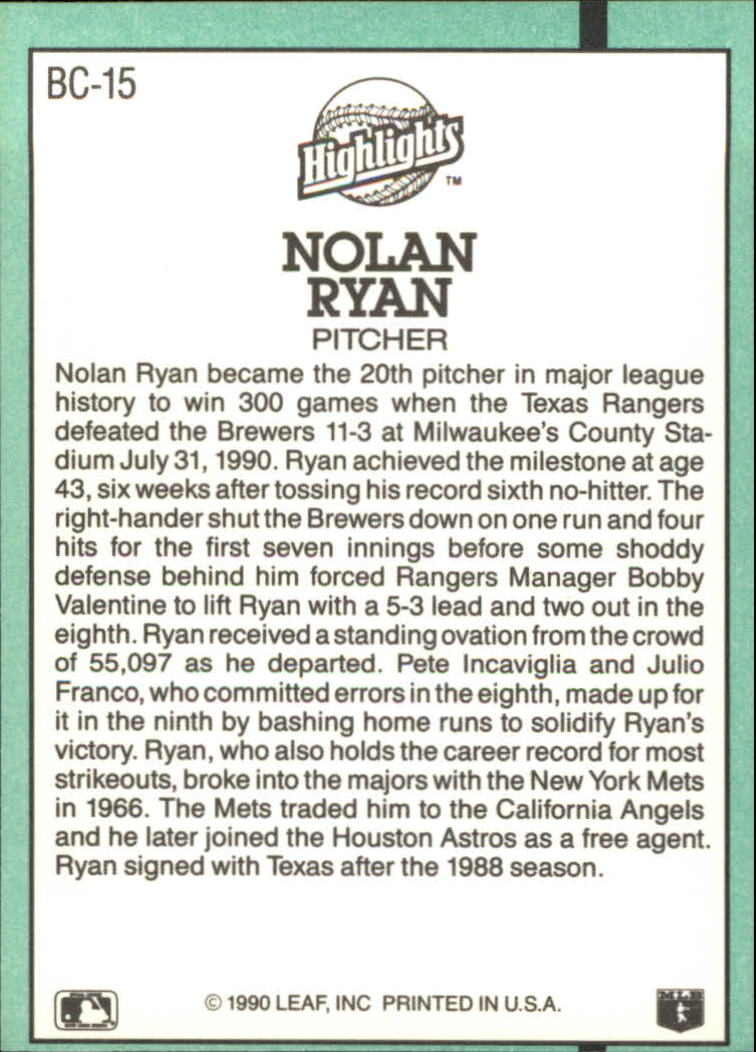 1991 Donruss Bonus Cards #BC15 Nolan Ryan 300W back image