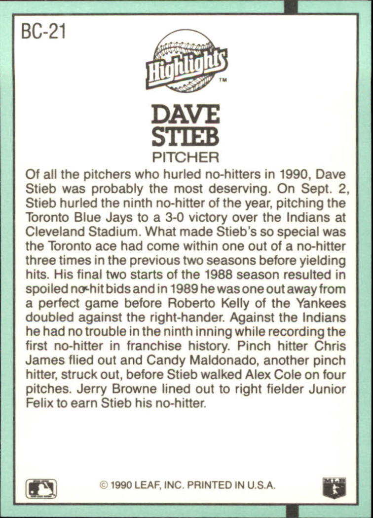 1991 Donruss Bonus Card / No-Hitter - Dave Stieb #BC-21 (P…