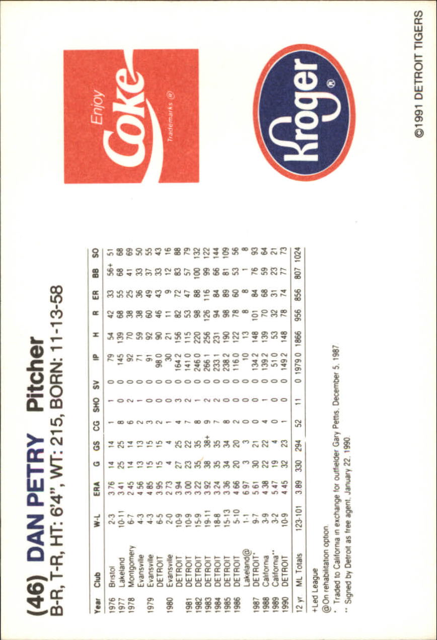 1991 Tigers Coke/Kroger #46 Dan Petry back image
