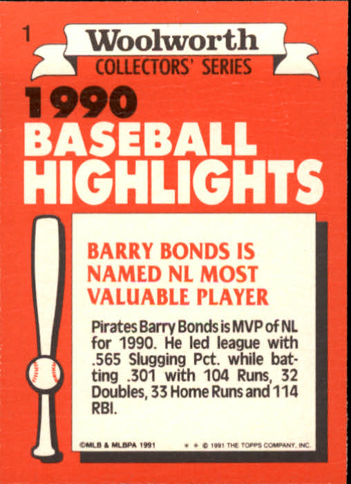 1991 Woolworth's Topps #1 Barry Bonds back image