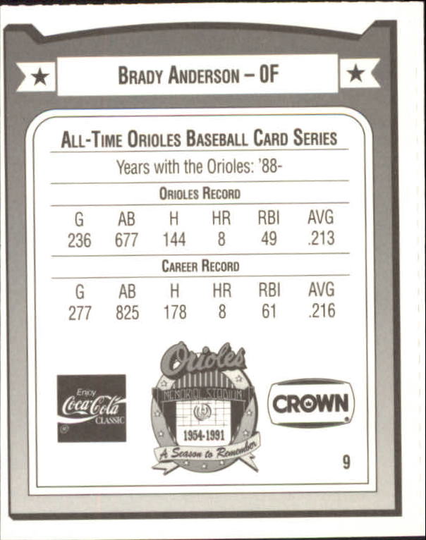 1991 Orioles Crown #9 Brady Anderson back image