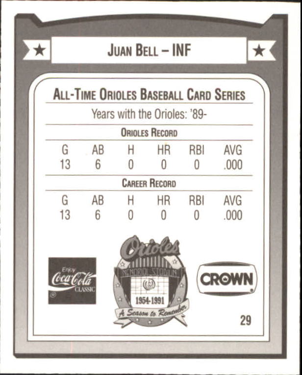 1991 Orioles Crown #29 Juan Bell back image
