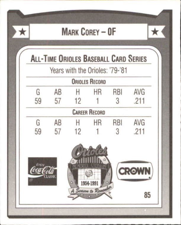 1991 Orioles Crown #85 Mark Corey back image