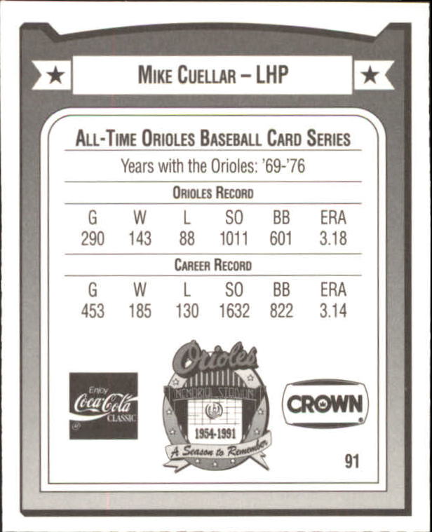 1991 Orioles Crown #91 Mike Cuellar back image