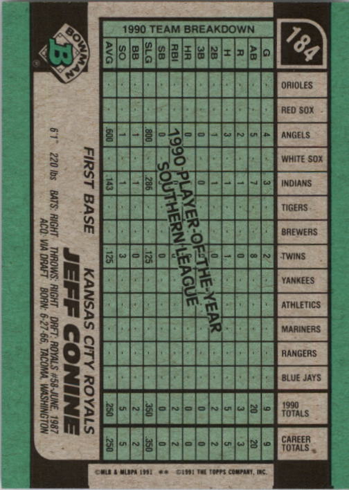 1991 Bowman #184 Jeff Conine RC back image