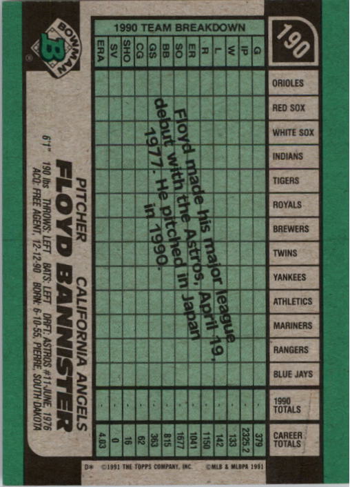 1991 Bowman #190 Floyd Bannister back image