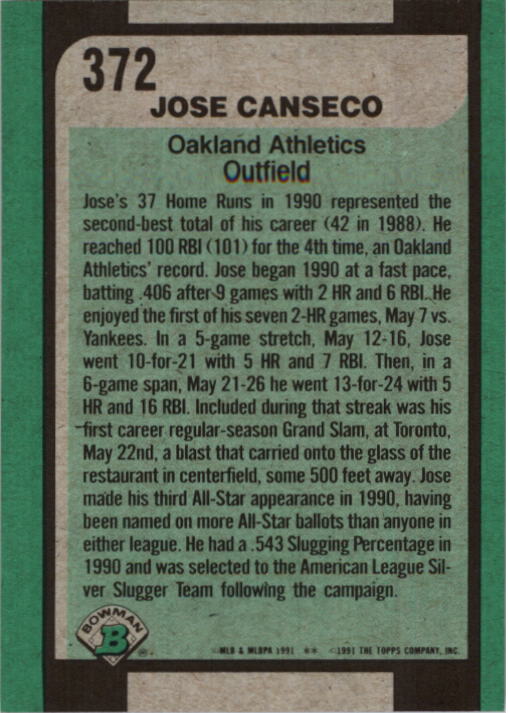 1991 Bowman #372 Jose Canseco SLUG back image