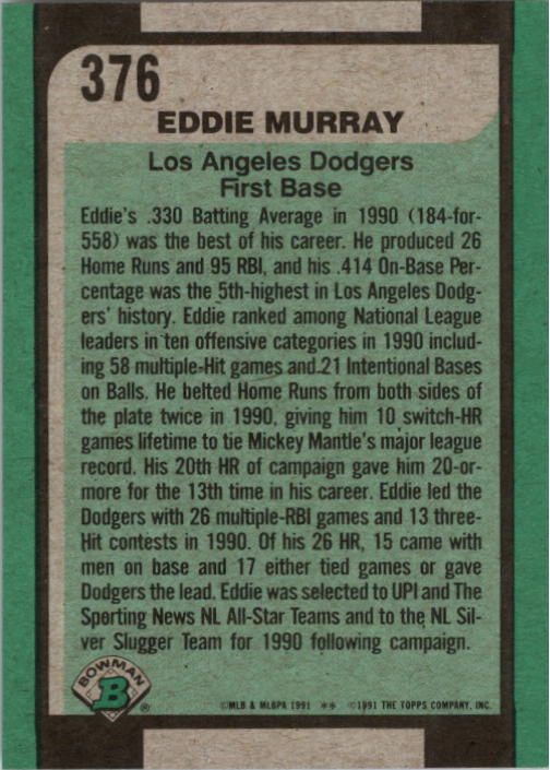 1991 Bowman #376 Eddie Murray SLUG back image