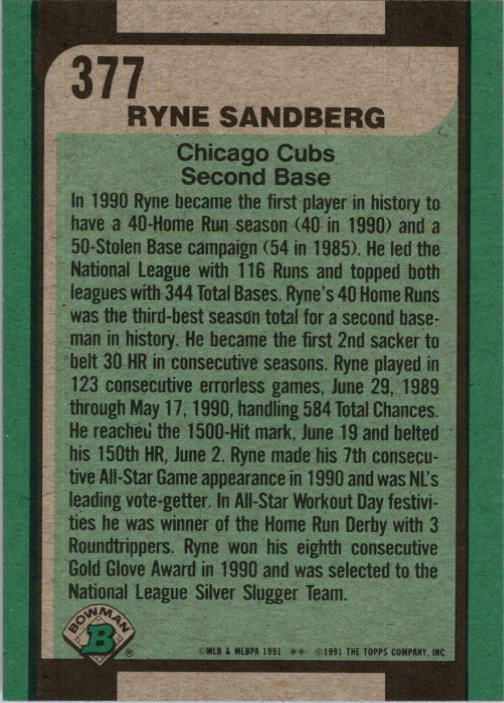 1991 Bowman #377 Ryne Sandberg SLUG back image