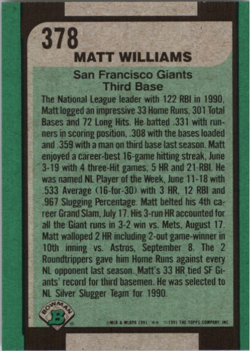 1991 Bowman #378 Matt Williams SLUG back image