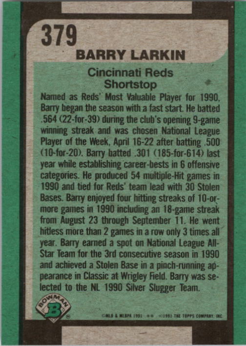 1991 Bowman #379 Barry Larkin SLUG back image