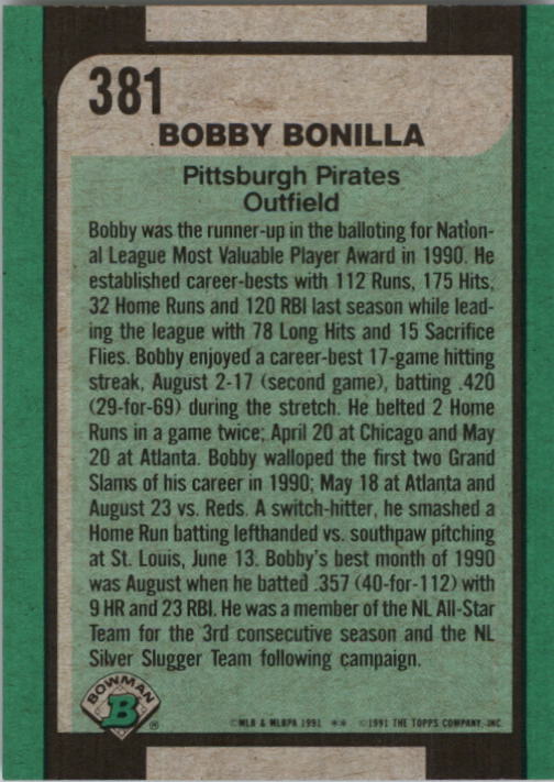 1991 Bowman #381 Bobby Bonilla SLUG back image