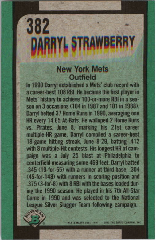 1991 Bowman #382 Darryl Strawberry SLUG back image