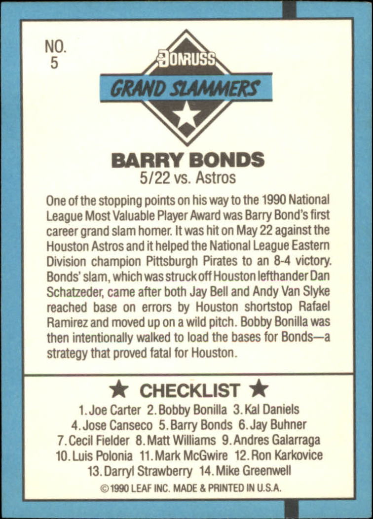 1991 Donruss Grand Slammers #5 Barry Bonds back image