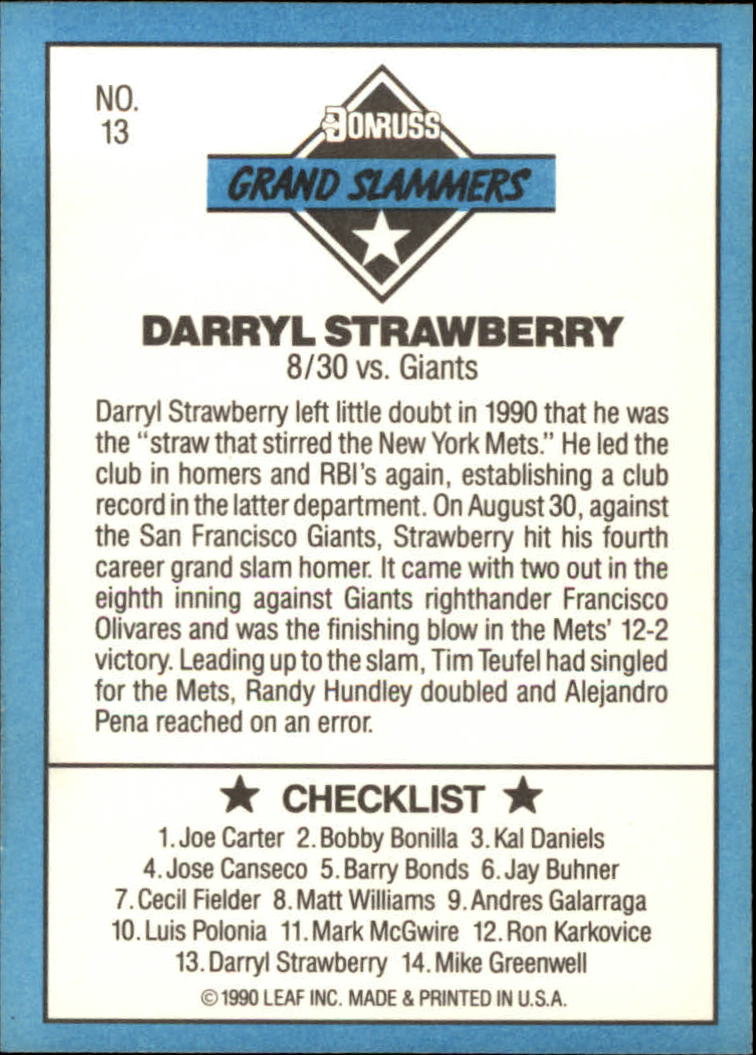 1991 Donruss Grand Slammers #13 Darryl Strawberry UER/(Todd Hundley  is/called Randy) - NM-MT