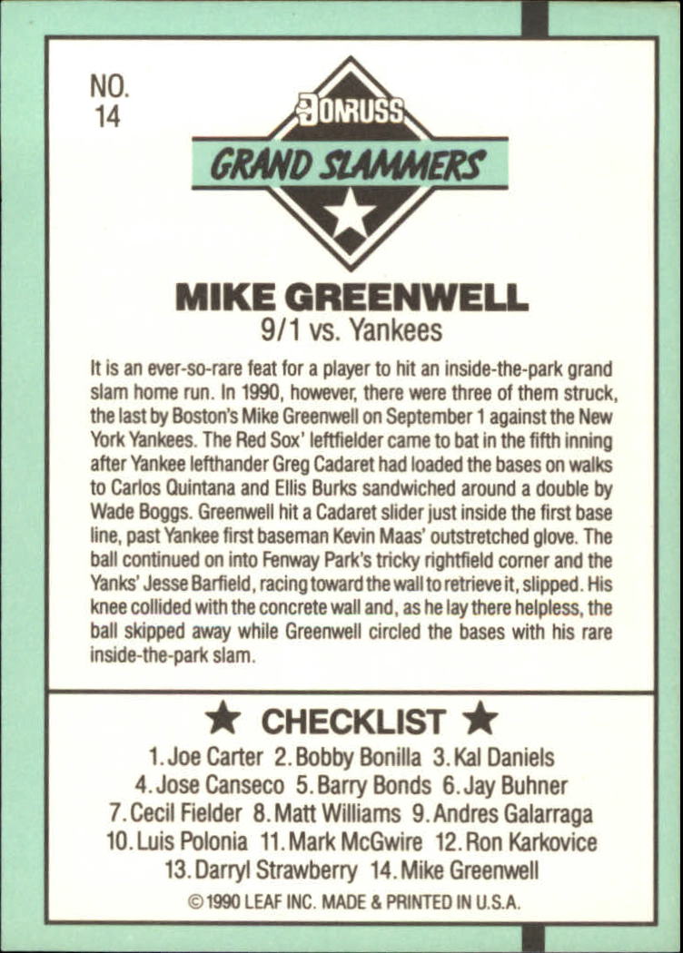 1991 Donruss Grand Slammers #14 Mike Greenwell - From Factory