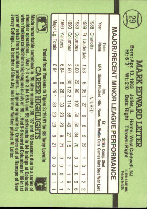 1991 Donruss Rookies #29 Mark Leiter RC back image