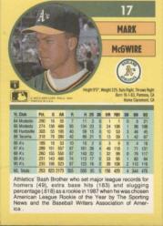 1991 Fleer #17 Mark McGwire UER/183 extra base/hits in 1987 back image