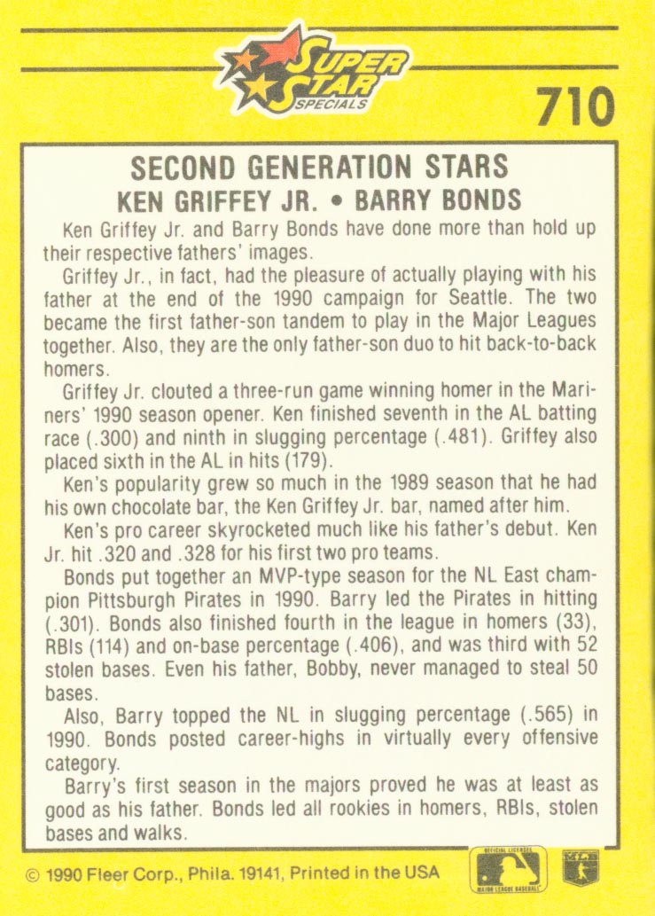 1991 Fleer #710 Barry Bonds/Ken Griffey Jr. back image
