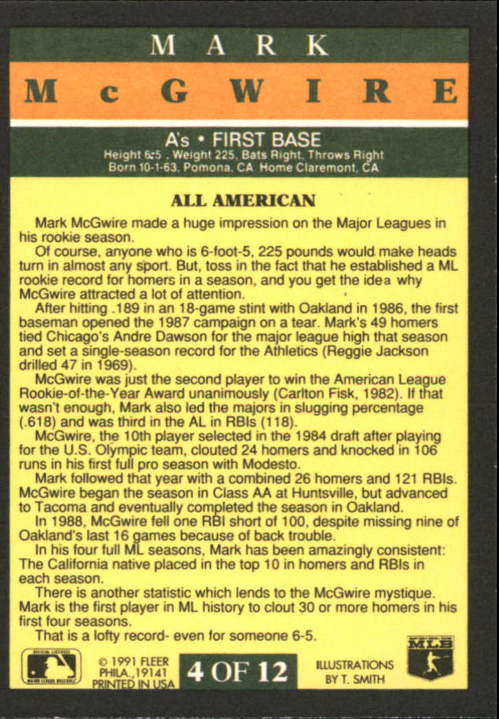 1991 Fleer Pro-Visions #4 Mark McGwire UER/Fisk won ROY in/'72, not '82 back image
