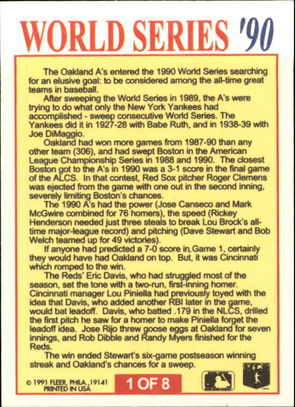 1991 Fleer World Series #1 Eric Davis back image