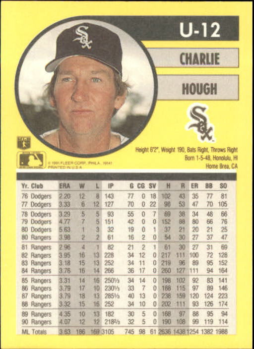 1991 Fleer Update #U12 Charlie Hough back image