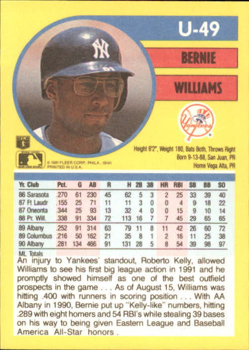 1991 Fleer Update #U49 Bernie Williams back image